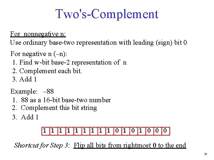 Two's-Complement For nonnegative n: Use ordinary base-two representation with leading (sign) bit 0 For