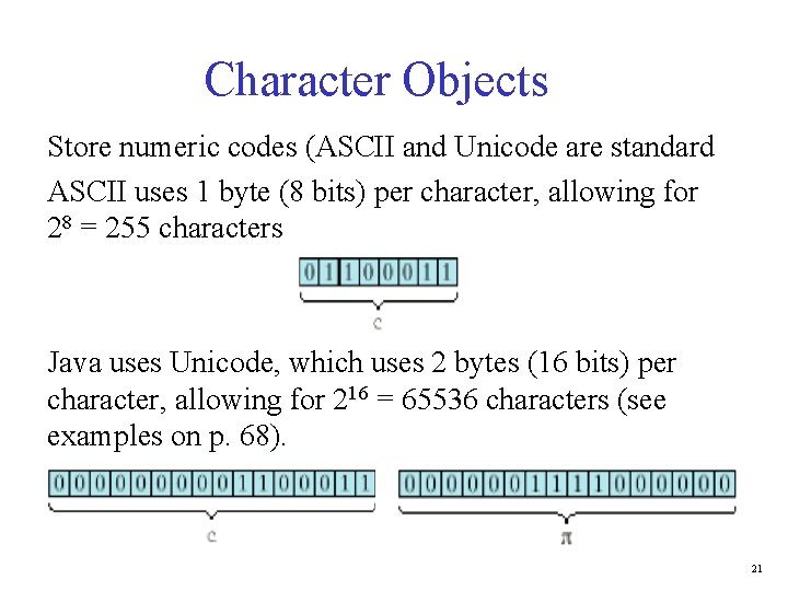 Character Objects Store numeric codes (ASCII and Unicode are standard ASCII uses 1 byte