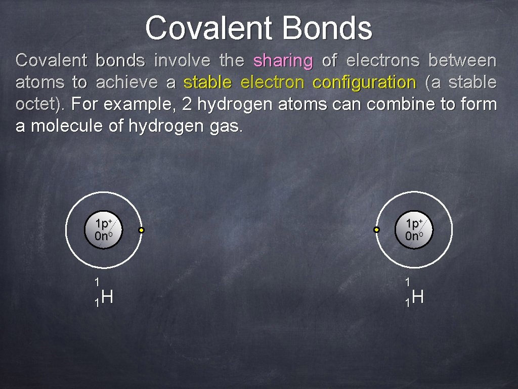 Covalent Bonds Covalent bonds involve the sharing of electrons between atoms to achieve a