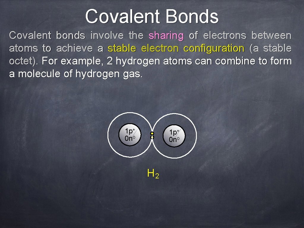 Covalent Bonds Covalent bonds involve the sharing of electrons between atoms to achieve a