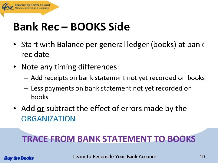 Bank Rec – BOOKS Side • Start with Balance per general ledger (books) at