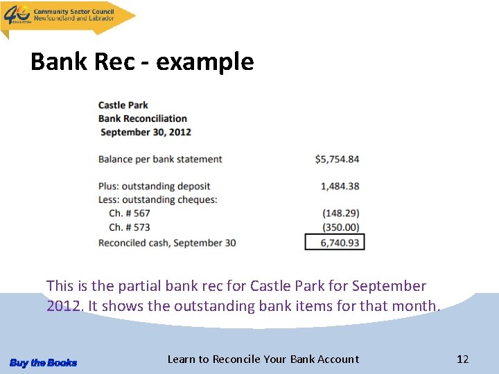 Bank Rec - example This is the partial bank rec for Castle Park for