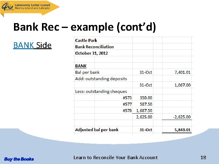 Bank Rec – example (cont’d) BANK Side Learn to Reconcile Your Bank Account 18