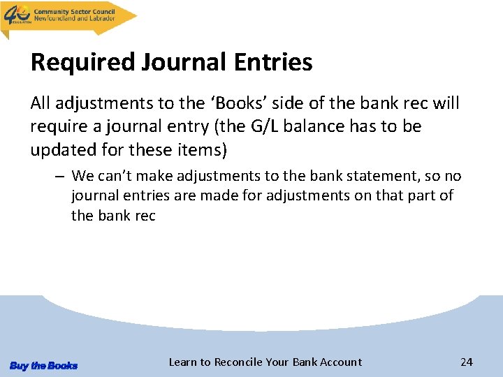 Required Journal Entries All adjustments to the ‘Books’ side of the bank rec will