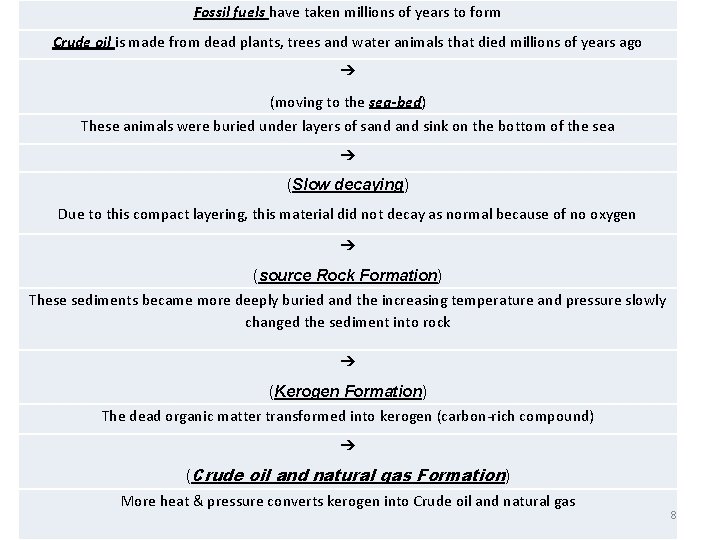 Fossil fuels have taken millions of years to form Crude oil is made from