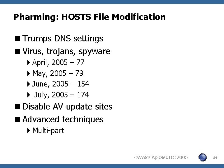 Pharming: HOSTS File Modification <Trumps DNS settings <Virus, trojans, spyware 4 April, 2005 –