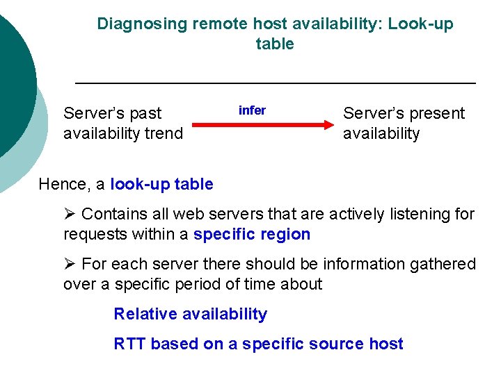 Diagnosing remote host availability: Look-up table Server’s past availability trend infer Server’s present availability