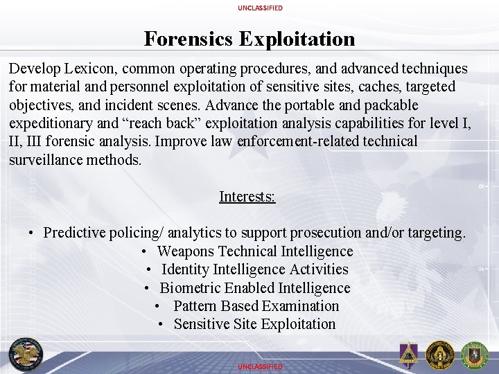 UNCLASSIFIED Forensics Exploitation Develop Lexicon, common operating procedures, and advanced techniques for material and