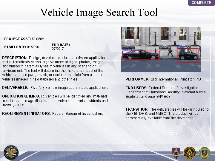 COMPLETE Vehicle Image Search Tool PROJECT COST: $0. 969 M START DATE: 01/2016 END