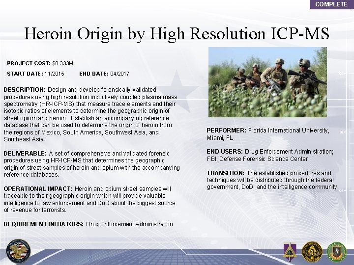 COMPLETE Heroin Origin by High Resolution ICP-MS PROJECT COST: $0. 333 M START DATE: