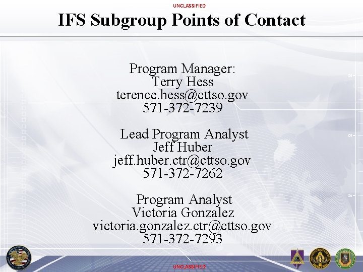 UNCLASSIFIED IFS Subgroup Points of Contact Program Manager: Terry Hess terence. hess@cttso. gov 571