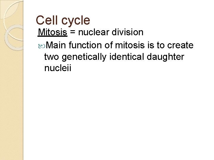 Cell cycle Mitosis = nuclear division Main function of mitosis is to create two