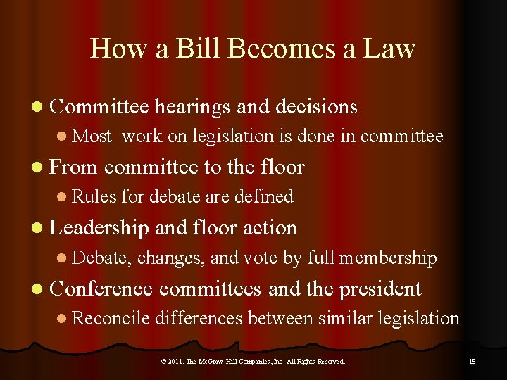 How a Bill Becomes a Law l Committee hearings and decisions l Most work