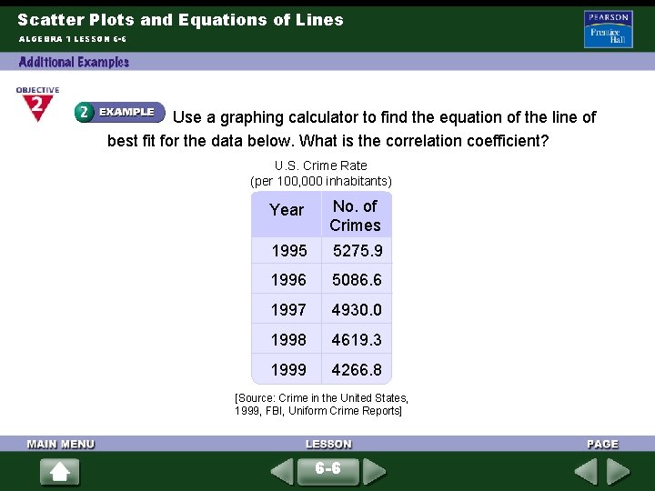 Scatter Plots and Equations of Lines ALGEBRA 1 LESSON 6 -6 Use a graphing
