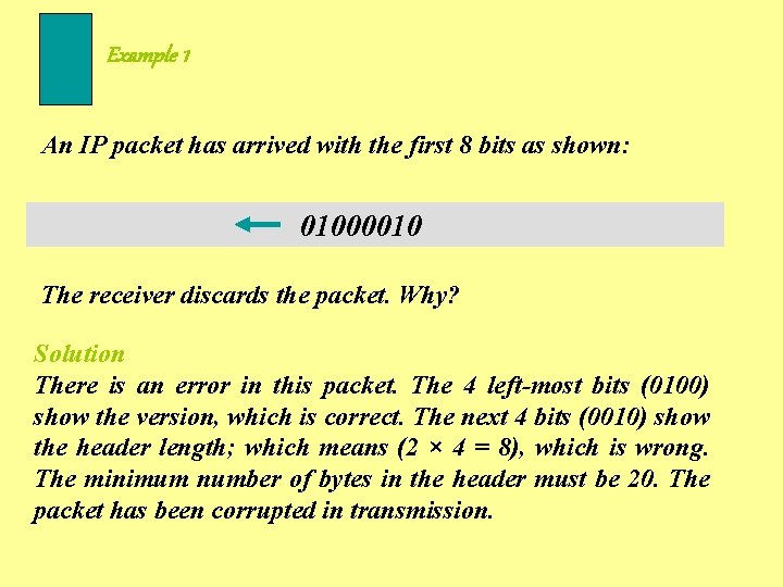 Example 1 An IP packet has arrived with the first 8 bits as shown: