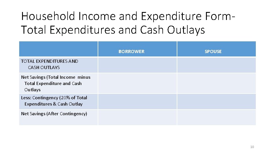 Household Income and Expenditure Form. Total Expenditures and Cash Outlays BORROWER SPOUSE TOTAL EXPENDITURES
