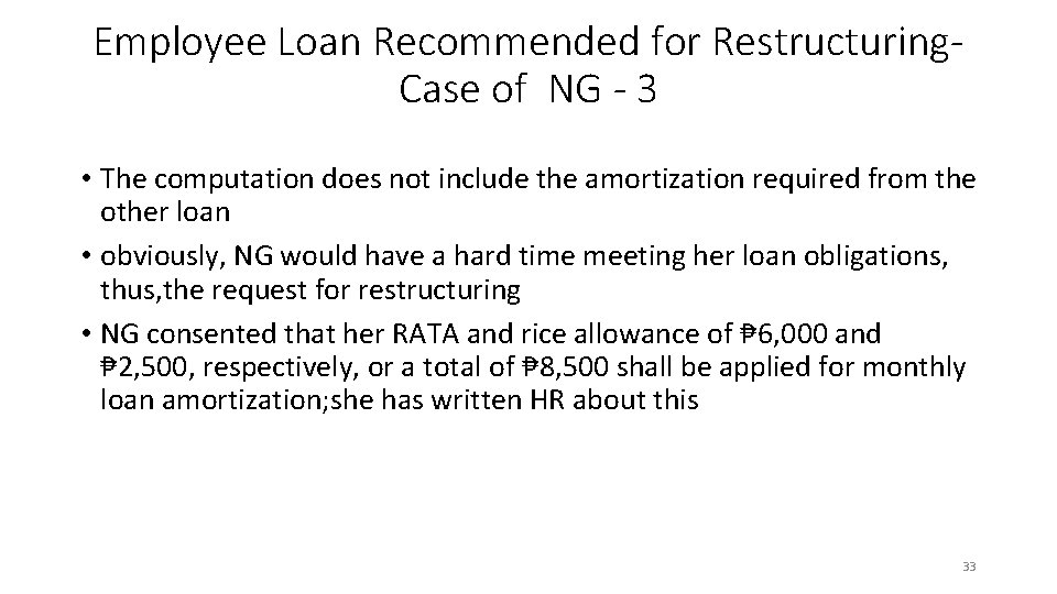 Employee Loan Recommended for Restructuring. Case of NG - 3 • The computation does