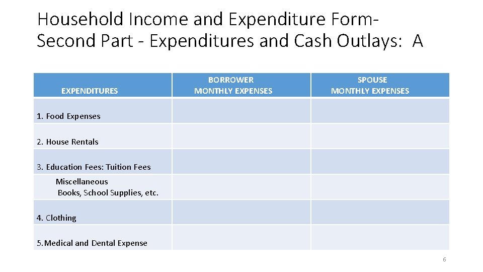 Household Income and Expenditure Form. Second Part - Expenditures and Cash Outlays: A EXPENDITURES