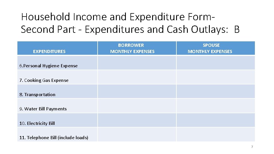 Household Income and Expenditure Form. Second Part - Expenditures and Cash Outlays: B EXPENDITURES