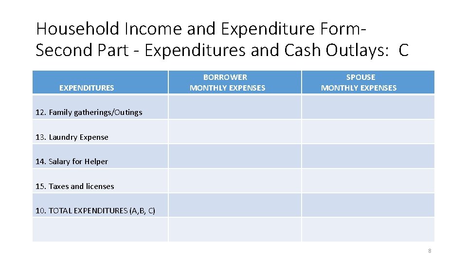Household Income and Expenditure Form. Second Part - Expenditures and Cash Outlays: C EXPENDITURES