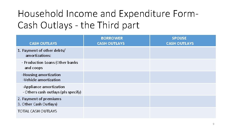 Household Income and Expenditure Form. Cash Outlays - the Third part CASH OUTLAYS BORROWER