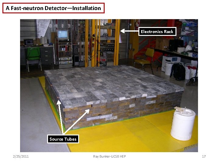 A Fast-neutron Detector—Installation Electronics Rack Source Tubes 2/25/2011 Ray Bunker-UCSB HEP 17 