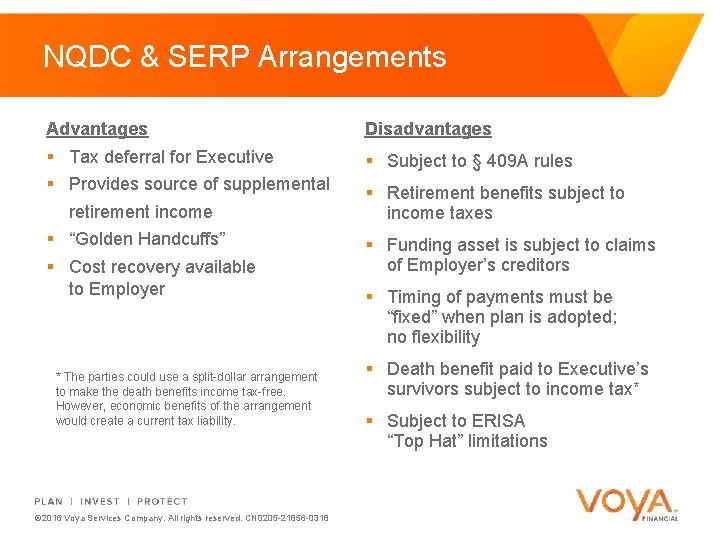 NQDC & SERP Arrangements Advantages Disadvantages § Tax deferral for Executive § Provides source