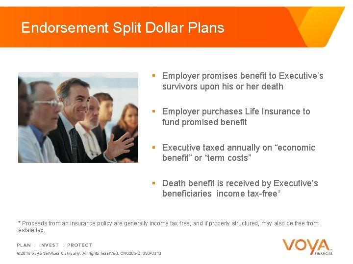 Endorsement Split Dollar Plans § Employer promises benefit to Executive’s survivors upon his or