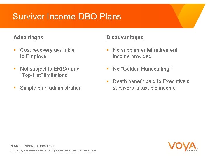 Survivor Income DBO Plans Advantages Disadvantages § Cost recovery available to Employer § No