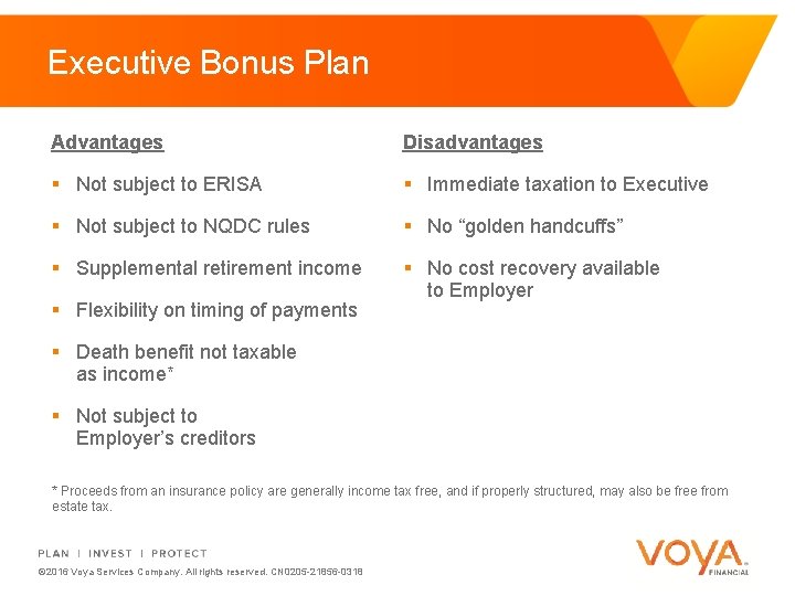 Executive Bonus Plan Advantages Disadvantages § Not subject to ERISA § Immediate taxation to