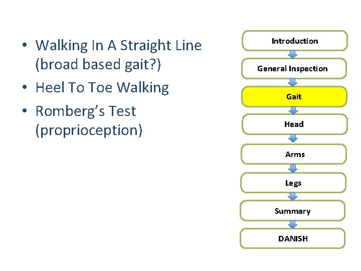  • Walking In A Straight Line (broad based gait? ) • Heel To
