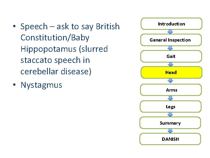  • Speech – ask to say British Constitution/Baby Hippopotamus (slurred staccato speech in