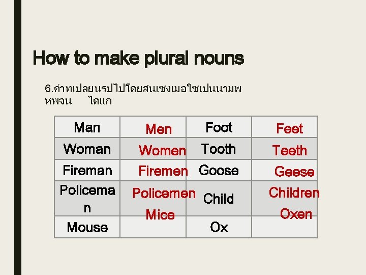 How to make plural nouns 6. คำทเปลยนรปไปโดยสนเชงเมอใชเปนนามพ หพจน ไดแก Man Woman Fireman Policema n