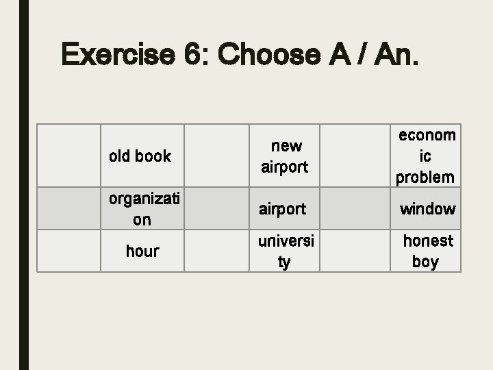 Exercise 6: Choose A / An. old book new airport econom ic problem organizati