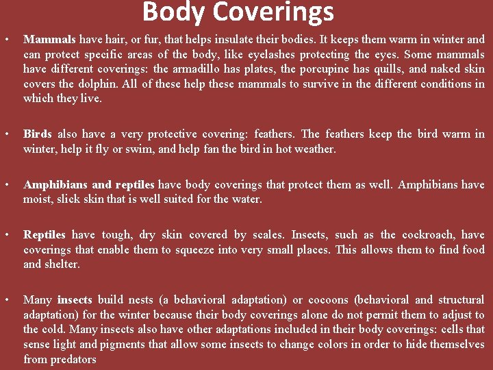 Body Coverings • Mammals have hair, or fur, that helps insulate their bodies. It