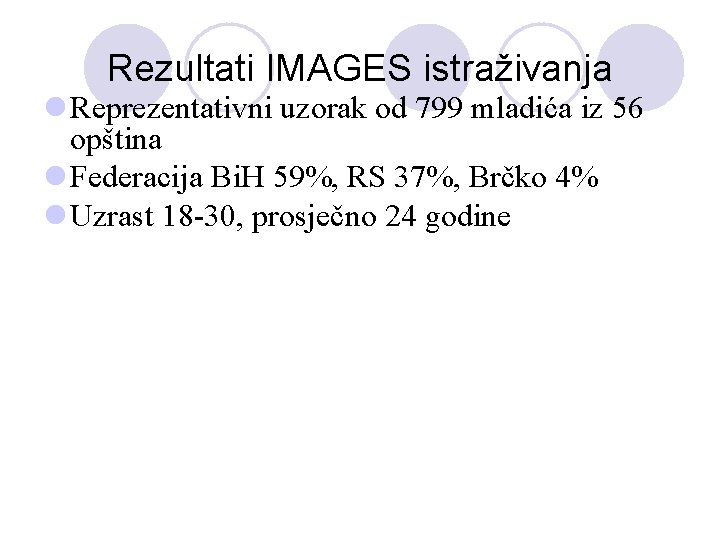 Rezultati IMAGES istraživanja l Reprezentativni uzorak od 799 mladića iz 56 opština l Federacija