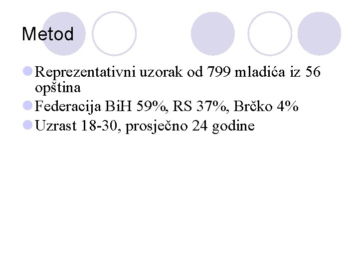 Metod l Reprezentativni uzorak od 799 mladića iz 56 opština l Federacija Bi. H