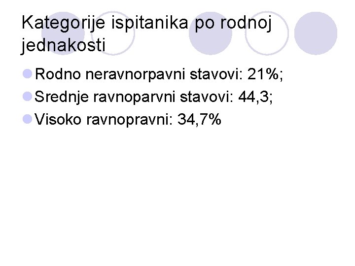 Kategorije ispitanika po rodnoj jednakosti l Rodno neravnorpavni stavovi: 21%; l Srednje ravnoparvni stavovi: