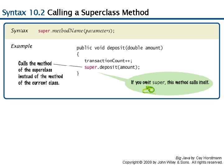 Syntax 10. 2 Calling a Superclass Method Big Java by Cay Horstmann Copyright © Syntax 10. 2 Calling a Superclass Method Big Java by Cay Horstmann Copyright ©