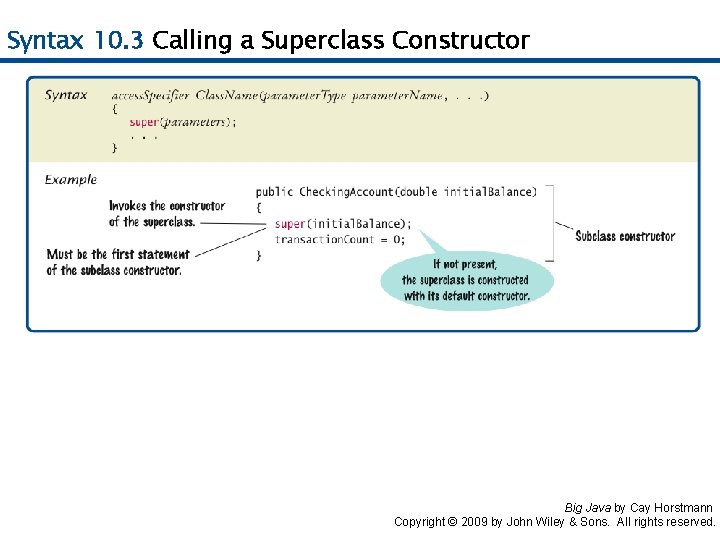 Syntax 10. 3 Calling a Superclass Constructor Big Java by Cay Horstmann Copyright © Syntax 10. 3 Calling a Superclass Constructor Big Java by Cay Horstmann Copyright ©