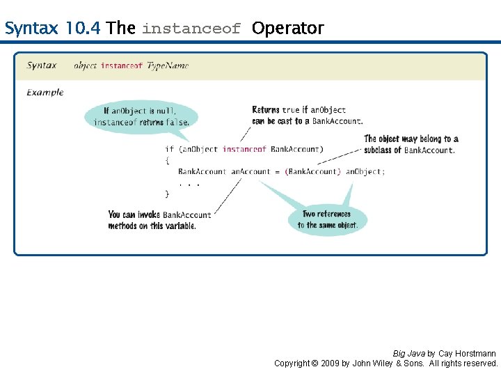 Syntax 10. 4 The instanceof Operator Big Java by Cay Horstmann Copyright © 2009 Syntax 10. 4 The instanceof Operator Big Java by Cay Horstmann Copyright © 2009