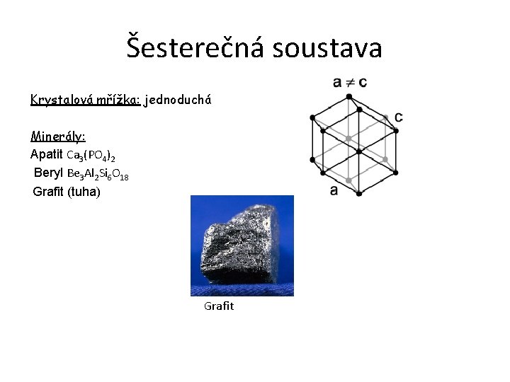 Šesterečná soustava Krystalová mřížka: jednoduchá Minerály: Apatit Ca 3(PO 4)2 Beryl Be 3 Al