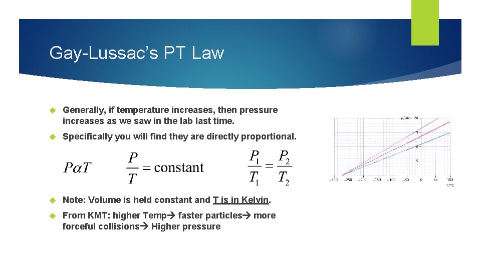 Gay-Lussac’s PT Law Generally, if temperature increases, then pressure increases as we saw in