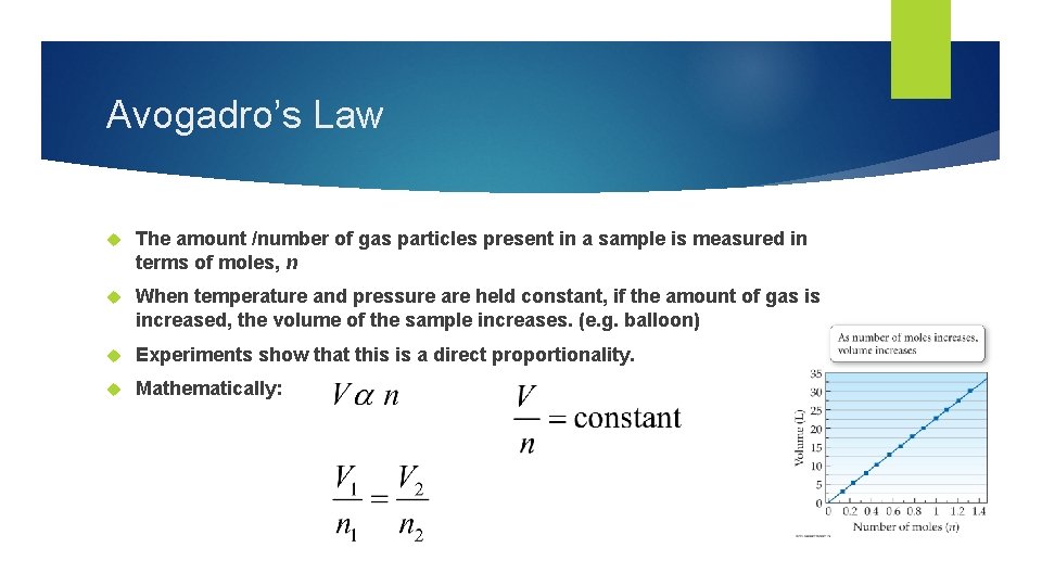Avogadro’s Law The amount /number of gas particles present in a sample is measured