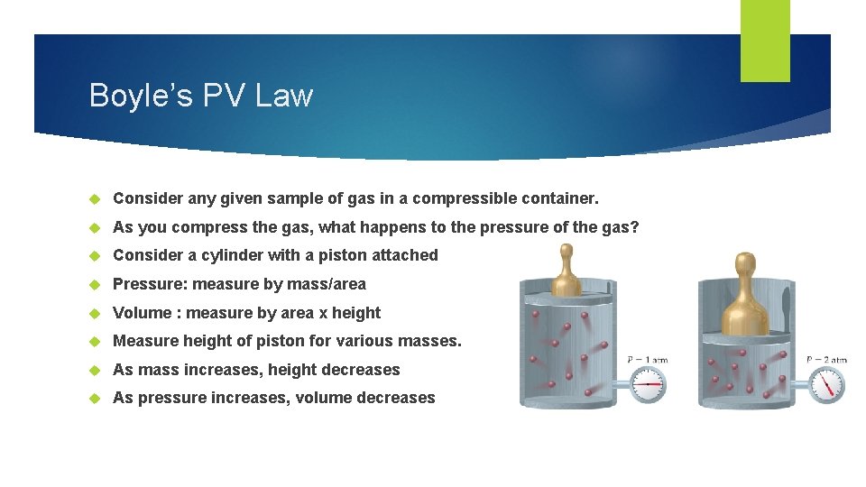 Boyle’s PV Law Consider any given sample of gas in a compressible container. As
