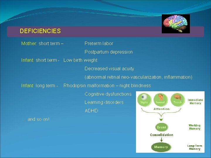 DEFICIENCIES Mother: short term – Preterm labor Postpartum depression Infant: short term - Low