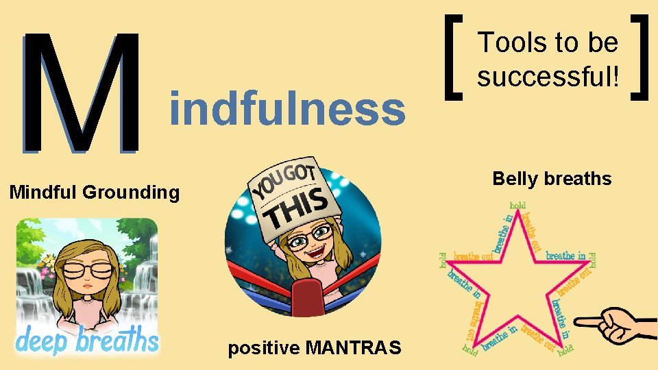 M indfulness [ Tools to be successful! Belly breaths Mindful Grounding positive MANTRAS ]