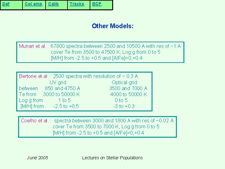 Def Col emp Calib Tracks BCP Other Models: Munari et al. : 67800 spectra Def Col emp Calib Tracks BCP Other Models: Munari et al. : 67800 spectra
