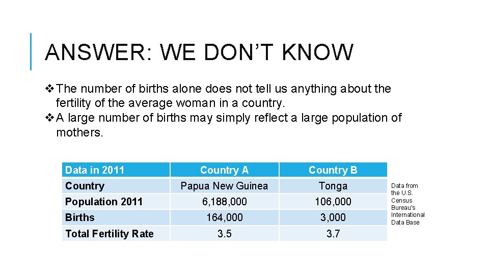 ANSWER: WE DON’T KNOW v. The number of births alone does not tell us