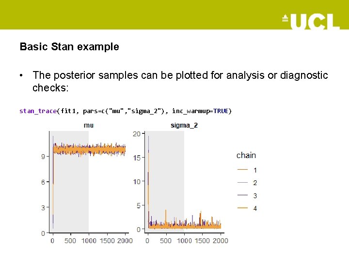 Basic Stan example • The posterior samples can be plotted for analysis or diagnostic